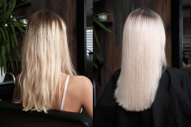 Une femme montrant son cheveu blond cendré sur roux avant et après