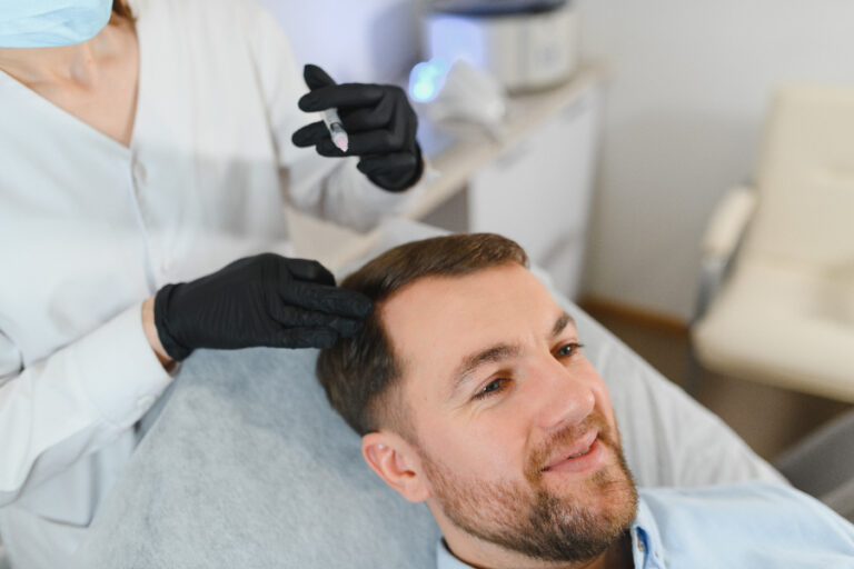 Un homme allant chez une chirurgie pour une greffe de cheveu