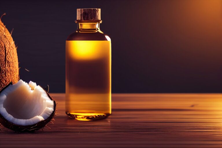 Une bouteille d'huile de coco avec un noix de coco